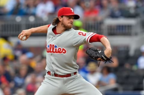 Jun 6, 2017; Atlanta, GA, USA; Philadelphia Phillies starting pitcher Aaron Nola (27) pitches against the Atlanta Braves during the first inning at SunTrust Park. Mandatory Credit: Dale Zanine-USA TODAY Sports