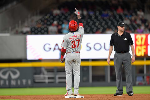 Jun 7, 2017; Atlanta, GA, USA; Philadelphia Phillies center fielder Odubel Herrera (37) reacts after hitting a double against the Atlanta Braves during the ninth inning at SunTrust Park. Mandatory Credit: Dale Zanine-USA TODAY Sports