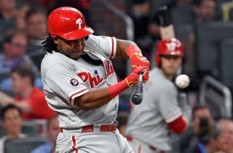 Jun 8, 2017; Atlanta, GA, USA; Philadelphia Phillies third baseman Maikel Franco (7) singles driving in a run against the Atlanta Braves during the seventh inning at SunTrust Park. Mandatory Credit: Dale Zanine-USA TODAY Sports