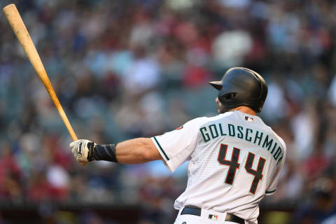 Jun 9, 2017; Phoenix, AZ, USA; Arizona Diamondbacks first baseman Paul Goldschmidt (44) bats against the Milwaukee Brewers during the first inning at Chase Field. Mandatory Credit: Joe Camporeale-USA TODAY Sports