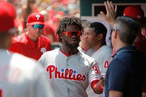 Jun 11, 2017; St. Louis, MO, USA; Philadelphia Phillies center fielder Odubel Herrera (37) is congratulated by teammates after scoring a run during the first inning against the St. Louis Cardinals at Busch Stadium. Mandatory Credit: Scott Kane-USA TODAY Sports