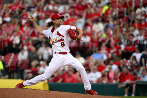 Jun 14, 2017; St. Louis, MO, USA; St. Louis Cardinals starting pitcher Mike Leake (8) pitches during the first inning against the Milwaukee Brewers at Busch Stadium. Mandatory Credit: Jeff Curry-USA TODAY Sports