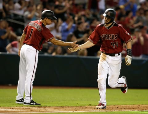 Jun 11, 2017; Phoenix, AZ, USA; Arizona Diamondbacks first baseman Paul Goldschmidt (44) against the Milwaukee Brewers at Chase Field. Mandatory Credit: Rick Scuteri-USA TODAY Sports