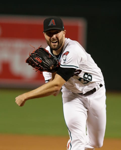 Jun 6, 2017; Phoenix, AZ, USA; Arizona Diamondbacks starting pitcher Robbie Ray (38) against the San Diego Padres at Chase Field. Mandatory Credit: Rick Scuteri-USA TODAY Sports