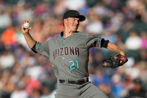 Jun 20, 2017; Denver, CO, USA; Arizona Diamondbacks starting pitcher Zack Greinke (21) delivers a pitch in the first inning against the Colorado Rockies at Coors Field. Mandatory Credit: Isaiah J. Downing-USA TODAY Sports