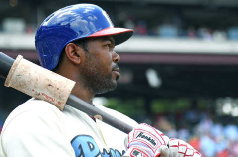 Jun 18, 2017; Philadelphia, PA, USA; Philadelphia Phillies left fielder Howie Kendrick (47) waits on deck during game against the Arizona Diamondbacks at Citizens Bank Park. The Diamondbacks defeated the Phillies, 5-4 in 10 innings. Mandatory Credit: Eric Hartline-USA TODAY Sports