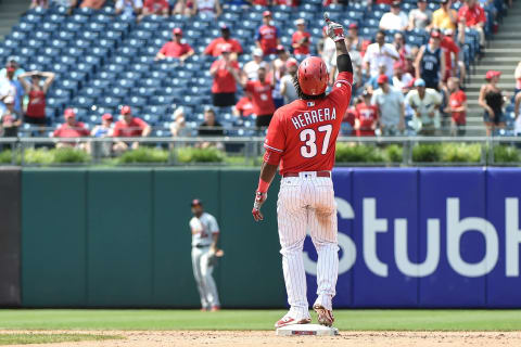 Jun 22, 2017; Philadelphia, PA, USA; Philadelphia Phillies center fielder Odubel Herrera (37) celebrates his double during the eighth inning of the game against the St. Louis Cardinals at Citizens Bank Park. The Phillies won the game 5-1. Mandatory Credit: John Geliebter-USA TODAY Sports