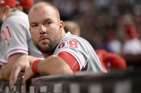 Jun 24, 2017; Phoenix, AZ, USA; Philadelphia Phillies catcher Cameron Rupp (29) looks on in the dugout during the game against the Arizona Diamondbacks at Chase Field. Mandatory Credit: Jennifer Stewart-USA TODAY Sports