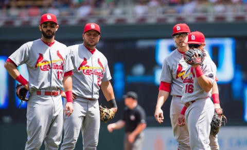 Jun 18, 2015; Minneapolis, MN, USA; St Louis Cardinals third baseman Matt Carpenter (left), shortstop Jhonny Peralta (27), first baseman Mark Reynolds (12) and second baseman Kolten Wong (right) in the seventh inning against the Minnesota Twins at Target Field. The Minnesota Twins beat the St Louis Cardinals 2-1. Mandatory Credit: Brad Rempel-USA TODAY Sports