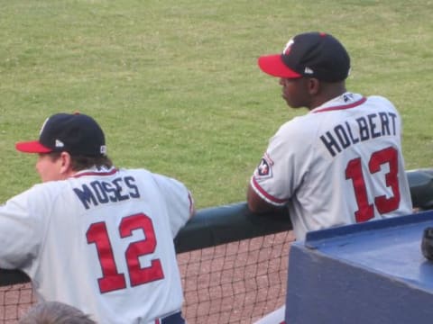 2014 Mississippi Braves Manager Aaron Holbert, seen with coach John Moses. August 2014. Photo credit Alan Carpenter, TomahawkTake.com