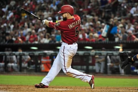 Aug 26, 2015; Phoenix, AZ, USA; Arizona Diamondbacks right fielder Ender Inciarte (5) singles in the fifth inning against the St. Louis Cardinals at Chase Field. Mandatory Credit: Matt Kartozian-USA TODAY Sports