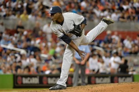 Jun 15, 2015; Miami, FL, USA; New York Yankees relief pitcher Jose Ramirez (65) throws the ball against the Miami Marlins during the eighth inning at Marlins Park. The Marlins won 2-1. Mandatory Credit: Steve Mitchell-USA TODAY Sports