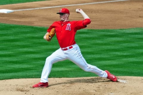 Mar 12, 2015; Tempe, AZ, USA; Los Angeles Angels starting pitcher Sean Newcomb (86) throws in the first inning against the Chicago Cubs at Tempe Diablo Stadium. Mandatory Credit: Matt Kartozian-USA TODAY Sports