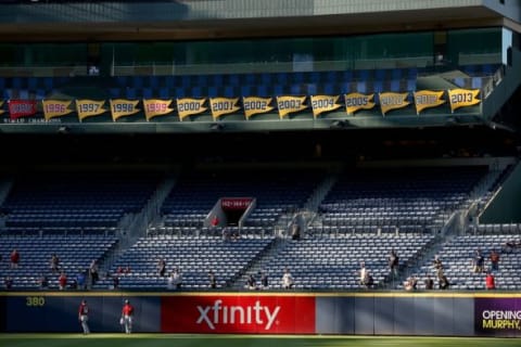 Sep 30, 2015; Atlanta, GA, USA; General view of the NL East pennant banners from past seasons before the Atlanta Braves host the Washington Nationals at Turner Field. Mandatory Credit: Jason Getz-USA TODAY Sports