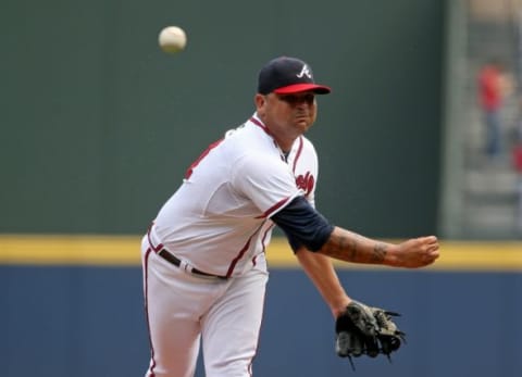 Sep 2, 2015; Atlanta, GA, USA; Atlanta Braves starting pitcher Williams Perez (61) delivers a pitch to a Miami Marlins batter in the first inning of their game at Turner Field. Mandatory Credit: Jason Getz-USA TODAY Sports