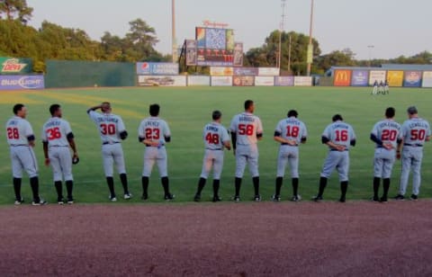 Mississippi Braves bullpen members aligned for the anthem. Aug 2015 vs. Mobile. Photo credit: Alan Carpenter, TomahawkTake.com