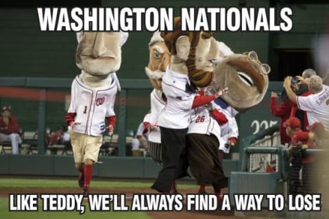 Washington Nationals mascot Abe knocks over Teddy during the Presidents race. Original Photo Mandatory Credit: Tommy Gilligan-USA TODAY Sports