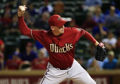 Jul 8, 2015; Arlington, TX, USA; Arizona Diamondbacks relief pitcher Brad Ziegler (29) throws during the ninth inning against the Texas Rangers at Globe Life Park in Arlington. Mandatory Credit: Kevin Jairaj-USA TODAY Sports