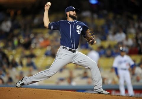 October 2, 2015; Los Angeles, CA, USA; San Diego Padres starting pitcher Casey Kelly (49) pitches the second inning against the Los Angeles Dodgers at Dodger Stadium. Mandatory Credit: Gary A. Vasquez-USA TODAY Sports