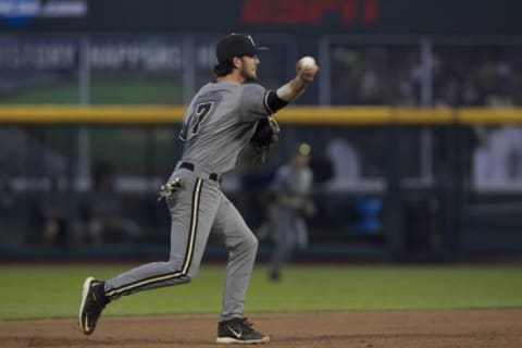 Jun 16, 2015; Omaha, NE, USA; Vanderbilt Commodores shortstop Dansby Swanson (7) throws to first base against the TCU Horned Frogs during the sixth inning in the 2015 College World Series at TD Ameritrade Park. Vanderbilt won 1-0. Mandatory Credit: Bruce Thorson-USA TODAY Sports