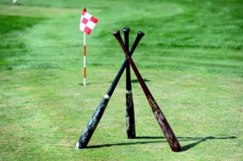 Sep 17, 2014; Toledo, OH, USA; General view of an obstacle made out of baseball bats as the Fifth Third Field outfield is transformed into a mini-golf course. Mandatory Credit: Andrew Weber-USA TODAY Sports