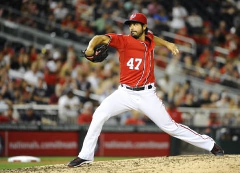 Sep 5, 2015; Washington, DC, USA; Washington Nationals starting pitcher Gio Gonzalez (47) throws to the Atlanta Braves during the during the fifth inning at Nationals Park. Mandatory Credit: Brad Mills-USA TODAY Sports