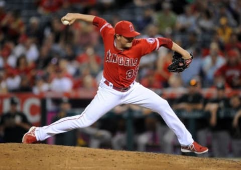 September 30, 2015; Anaheim, CA, USA; Los Angeles Angels relief pitcher Joe Smith (38) pitches the ninth inning against the Oakland Athletics at Angel Stadium of Anaheim. Mandatory Credit: Gary A. Vasquez-USA TODAY Sports