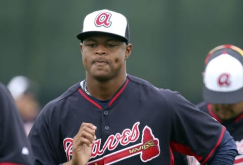 Feb 23, 2015; Lake Buena Vista, FL, USA; Atlanta Braves pitcher Mauricio Cabrera runs during spring training workouts at Champion Stadium. Mandatory Credit: Reinhold Matay-USA TODAY Sports