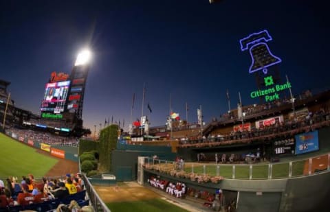 Jul 31, 2015; Philadelphia, PA, USA; General view of the outfield scoreboard and bullpen at dusk in a game between the Philadelphia Phillies and the Atlanta Braves at Citizens Bank Park. Mandatory Credit: Bill Streicher-USA TODAY Sports