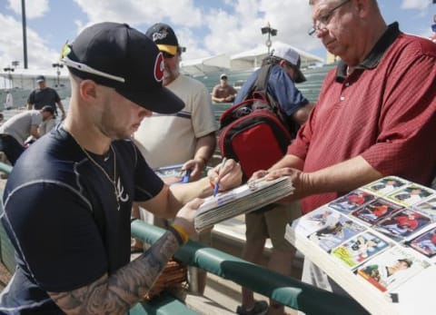 Feb 22, 2016; Lake Buena Vista, FL, USA; Atlanta Braves outfielder Braxton Davidson signs autographs during spring training workouts at ESPN