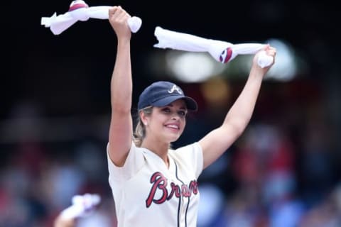 May 3, 2015; Atlanta, GA, USA; An Atlanta Braves tomahawk team member shown on the dugout during the game against the Cincinnati Reds during the seventh inning at Turner Field. The Braves defeated the Reds 5-0. Mandatory Credit: Dale Zanine-USA TODAY Sports