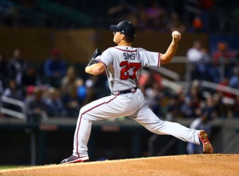 Nov 7, 2015; Phoenix, AZ, USA; Atlanta Braves pitcher Lucas Sims during the Arizona Fall League Fall Stars game at Salt River Fields. Mandatory Credit: Mark J. Rebilas-USA TODAY Sports