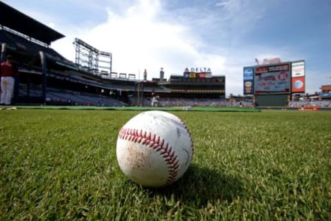 Jul 21, 2015; Atlanta, GA, USA; A baseball is shown on the infield during batting practice before the game against the Atlanta Braves and the Los Angeles Dodgers at Turner Field. Mandatory Credit: Jason Getz-USA TODAY Sports