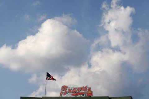 Aug 9, 2015; Atlanta, GA, USA; A general view of the American Flag flying in the sky over Turner Field during the fourth inning of a game between the Atlanta Braves and Miami Marlins. Mandatory Credit: Brett Davis-USA TODAY Sports