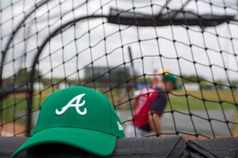 Mar 17, 2014; Kissimmee, FL, USA; A green Atlanta Braves hat to celebrate St. Patrick