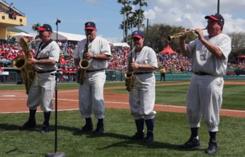 Mar 11, 2015; Lake Buena Vista, FL, USA; Walt DisneyWorld band members entertain the crowd during a spring training baseball game at Champion Stadium. The St. Louis Cardinals beat the Atlanta Braves 6-2. Mandatory Credit: Reinhold Matay-USA TODAY Sports