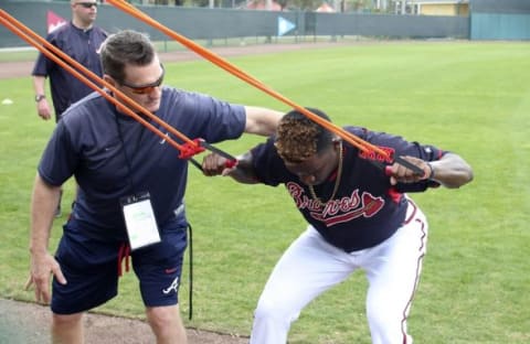 Feb 23, 2015; Lake Buena Vista, FL, USA; Atlanta Braves pitcher Tyrell Jenkins stretches during spring training workouts at Champion Stadium. Mandatory Credit: Reinhold Matay-USA TODAY Sports