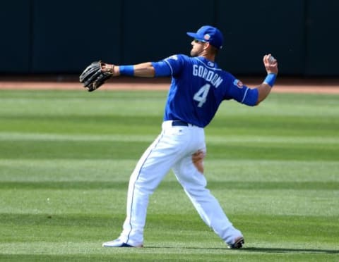 Mar 2, 2016; Surprise, AZ, USA; Kansas City Royals outfielder Alex Gordon against the Texas Rangers during a Spring Training game at Surprise Stadium. Mandatory Credit: Mark J. Rebilas-USA TODAY Sports