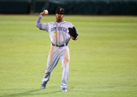 Oct. 14, 2014; Scottsdale, AZ, USA; San Diego Padres outfielder Mallex Smith plays for the Surprise Saguaros during an Arizona Fall League game against the Salt River Rafters at Salt River Field. Mandatory Credit: Mark J. Rebilas-USA TODAY Sports