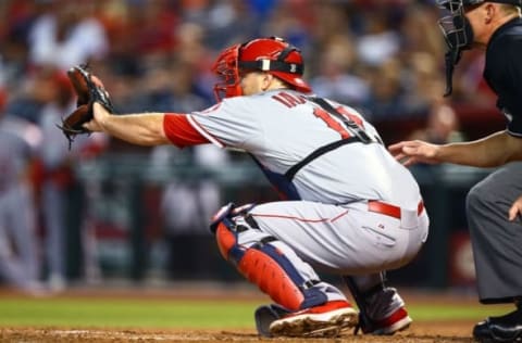 Jun 17, 2015; Phoenix, AZ, USA; Los Angeles Angels catcher Chris Iannetta against the Arizona Diamondbacks during an interleague game at Chase Field. Mandatory Credit: Mark J. Rebilas-USA TODAY Sports