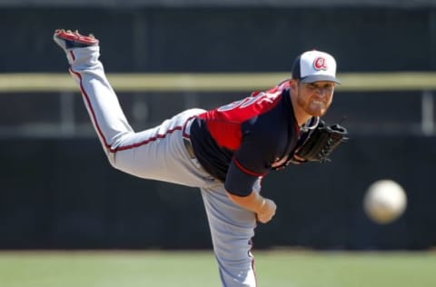 Mar 28, 2015; Dunedin, FL, USA; Atlanta Braves relief pitcher Craig Kimbrel (46) throws a warm up pitch during the seventh inning against the Toronto Blue Jays at Florida Auto Exchange Park. Mandatory Credit: Kim Klement-USA TODAY Sports