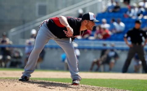 Mar 28, 2015; Dunedin, FL, USA; Atlanta Braves relief pitcher Craig Kimbrel (46) throws a pitch during the seventh inning against the Toronto Blue Jays at Florida Auto Exchange Park. Mandatory Credit: Kim Klement-USA TODAY Sports