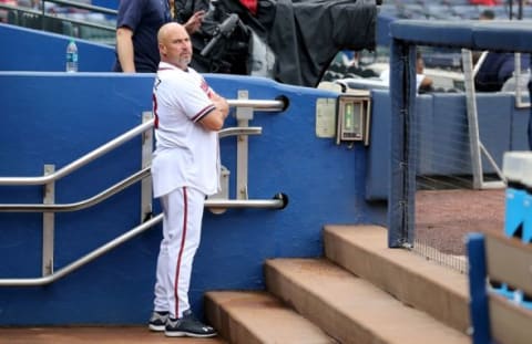 Sep 29, 2015; Atlanta, GA, USA; Atlanta Braves manager Fredi Gonzalez (33) checks out the field as he stands in the dugout before their game against the Washington Nationals at Turner Field. Mandatory Credit: Jason Getz-USA TODAY Sports