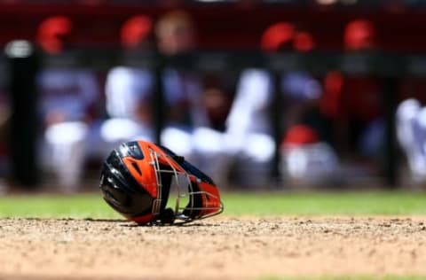 Apr 3, 2014; Phoenix, AZ, USA; Detailed view of the catchers mask of San Francisco Giants catcher Hector Sanchez (not pictured) laying on the ground against the Arizona Diamondbacks at Chase Field. Mandatory Credit: Mark J. Rebilas-USA TODAY Sports