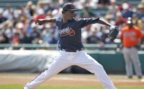 Mar 1, 2016; Lake Buena Vista, FL, USA; Atlanta Braves pitcher Jose Ramirez throws a pitch during the fourth inning of a spring training baseball game against the Baltimore Orioles at Champion Stadium. Mandatory Credit: Reinhold Matay-USA TODAY Sports