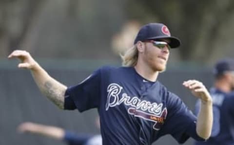 Feb 29, 2016; Lake Buena Vista, FL, USA; Atlanta Braves pitcher Mike Foltynewicz stretches during spring training workouts at ESPN