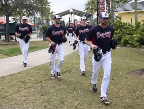 Feb 23, 2015; Lake Buena Vista, FL, USA; Atlanta Brave pitchers report to the field during spring training workouts at Champion Stadium. Mandatory Credit: Reinhold Matay-USA TODAY Sports