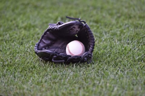 Aug 7, 2015; Kansas City, MO, USA; A general view of a baseball and glove prior to a game between the Kansas City Royals and the Chicago White Sox at Kauffman Stadium. Mandatory Credit: Peter G. Aiken-USA TODAY Sports