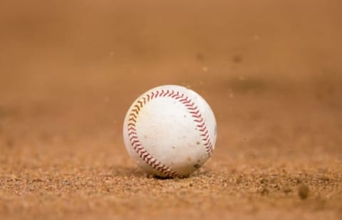 Sep 22, 2015; Minneapolis, MN, USA; A ball sits on the infield in the third inning in a game between the Minnesota Twins and Cleveland Indians at Target Field. Mandatory Credit: Brad Rempel-USA TODAY Sports