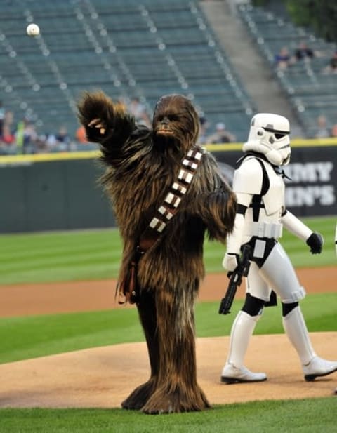 Aug 29, 2014; Chicago, IL, USA; A person dressed as Chewbacca throws out the ceremonial first pitch before the game between the Chicago White Sox and the Detroit Tigers at U.S Cellular Field. Mandatory Credit: David Banks-USA TODAY Sports